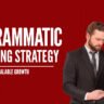 Programmatic Marketing Strategy framework for scalable growth showing marketing professional analyzing data on laptop against red background.