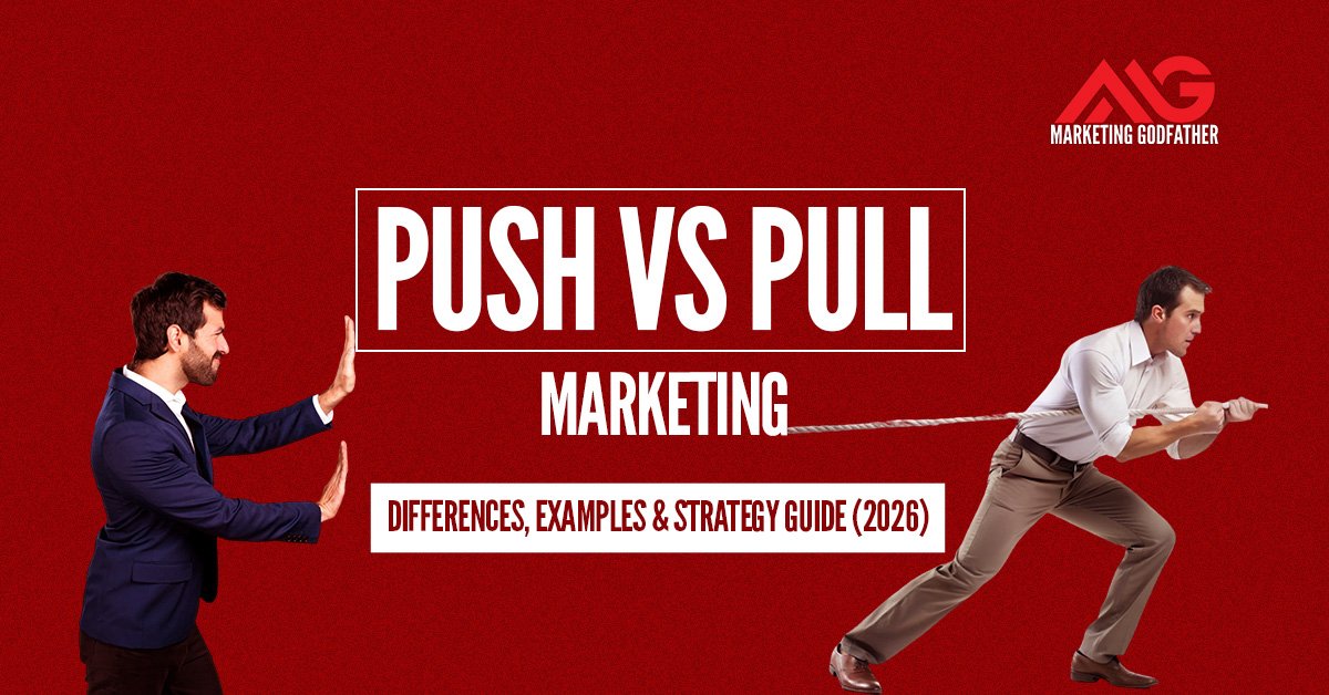 Push vs pull marketing comparison illustration showing two businessmen pulling a rope, highlighting differences, examples, and strategy guide 2026.