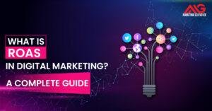 Digital marketing infographic showing “What Is ROAS?” with social media icons forming a lightbulb tree on a dark gradient background by Marketing Godfather.