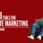 Top AI tools for affiliate marketing illustration showing marketer using laptop to analyze performance and automation tools.