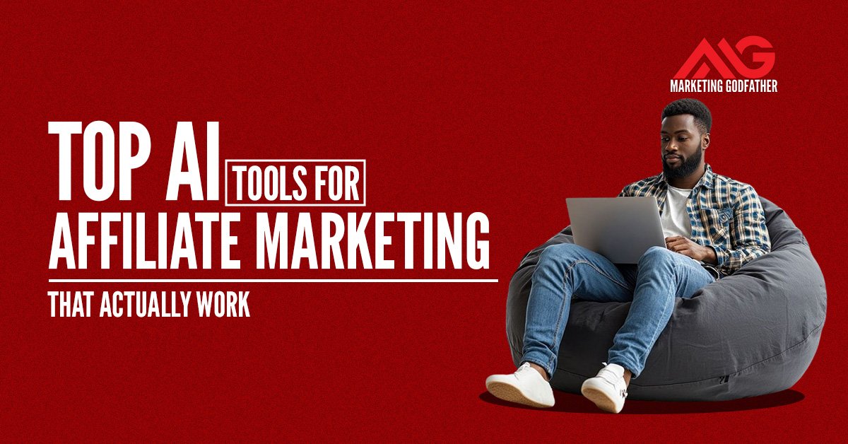 Top AI tools for affiliate marketing illustration showing marketer using laptop to analyze performance and automation tools.